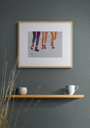 artwork which is the image of three women's legs and fashionable shoes as they walk along
