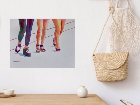 artwork which is the image of three women's legs and fashionable shoes as they walk along
