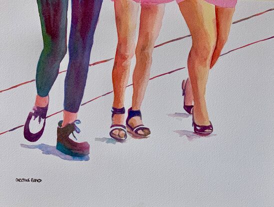 artwork which is the image of three women's legs and fashionable shoes as they walk along
