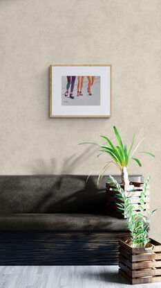 artwork which is the image of three women's legs and fashionable shoes as they walk along
