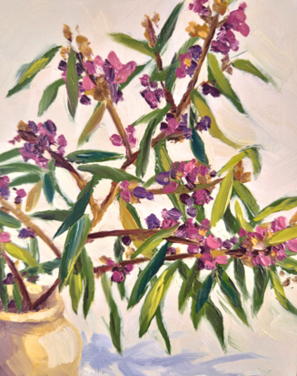 An oil painting of a sprig of the Australian native flower the hovea sitting in a small stone vase.  The hovea plant has small purple and pink flowers and the leaves small narrow and dark green.  The background is creamy white with the flowers casting a blue shadow. 