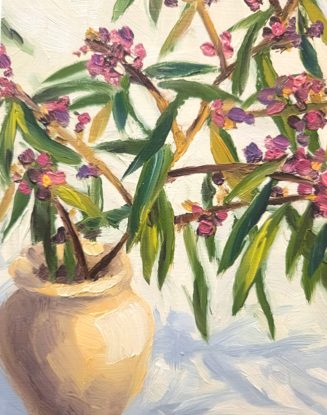 An oil painting of a sprig of the Australian native flower the hovea sitting in a small stone vase.  The hovea plant has small purple and pink flowers and the leaves small narrow and dark green.  The background is creamy white with the flowers casting a blue shadow. 