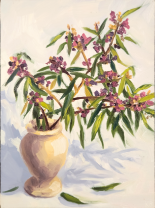 An oil painting of a sprig of the Australian native flower the hovea sitting in a small stone vase.  The hovea plant has small purple and pink flowers and the leaves small narrow and dark green.  The background is creamy white with the flowers casting a blue shadow. 