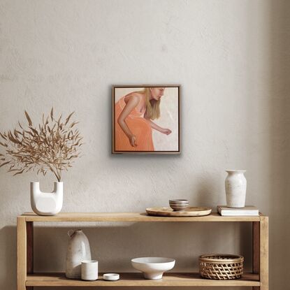 This particular painting shows a young woman leaning forward with her hands outstretched.