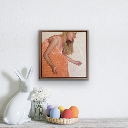 This particular painting shows a young woman leaning forward with her hands outstretched.