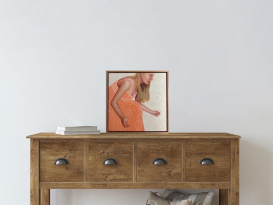 This particular painting shows a young woman leaning forward with her hands outstretched.