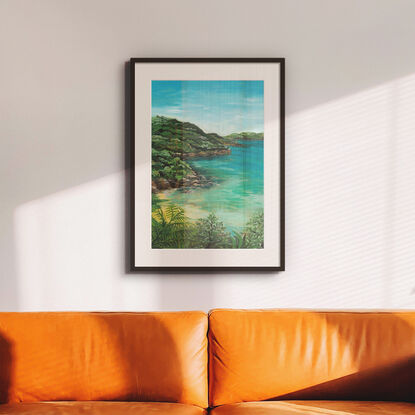 Fine brushstrokes in vibrant colours to portray Castle Rock Beach, a small cove along the Spit to Manly Walk on a clear summers morning. Framed in Oak