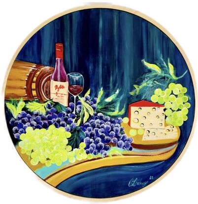 This painting a culinary of still life on a round canvas 
The back ground is a mixture of deep ocean green beige, white and yellow oxide with cool blue , aqua green, raw sienna, burnt umber ‘ it has is red labeled  Penfolds Australian wine  and burgundy coloured bottle as it is red wine bottle with a cream label 
The Swiss cheese is very yummy and just enjoying to the taste ‘sip and relax in this atmospheric painting 
A succulent botanical painting ‘ ideal for the dinning or kitchen area open plan living , games room ‘ outdoor area pool area 
A modern touch to that deserving buyer a luscious green and purple pallet with a rich dark highlighted back ground ,it is framed with a round timber frame attached 
And wire on back ready to hang 
It is varnished to protect against dust or water or ultraviolet light ‘ easy cleaning 
A cool painting for your delight 
Acrylic paint and liquid flow paint 
Comes with a certificate Of Authenticity 
