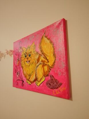 Pooping Puppy on pink background 