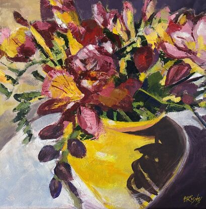 A yellow vase filled with warm tones of yellows and reds on a small square canvas.