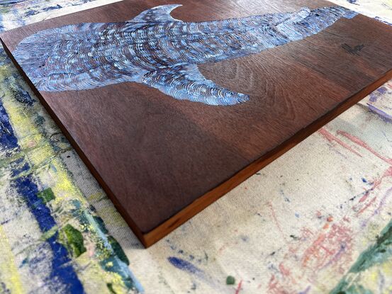 Whale shark detail, painted on oils on stained wood 