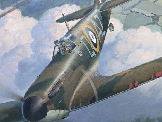 Ace downs Ace
Fl Lt. Clarence Paterson Hughes, of 234 Squadron RAF, shares the downing of German Ace Franz von Werra in 1940.

Oil on fine canvas. Image size 17.5 X 25.5 inches ( 45 X 65cm), plus a 2 inch margin. Shipped rolled.