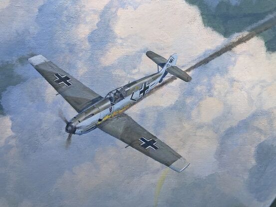 Ace downs Ace
Fl Lt. Clarence Paterson Hughes, of 234 Squadron RAF, shares the downing of German Ace Franz von Werra in 1940.

Oil on fine canvas. Image size 17.5 X 25.5 inches ( 45 X 65cm), plus a 2 inch margin. Shipped rolled.