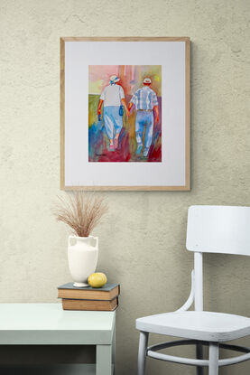 artwork which is the image of an elderly couple walking in the sunshine holding hands darby and joan style
