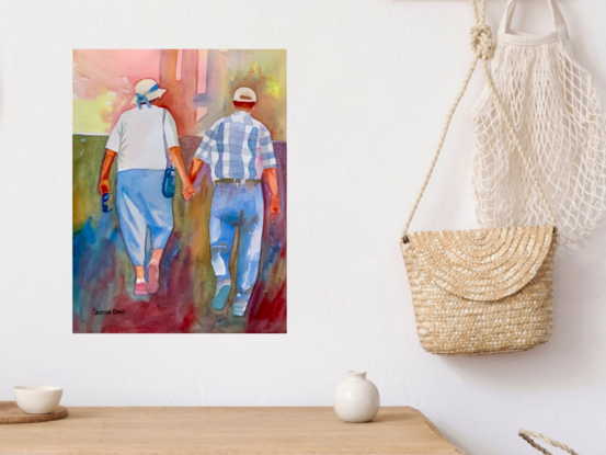 artwork which is the image of an elderly couple walking in the sunshine holding hands darby and joan style
