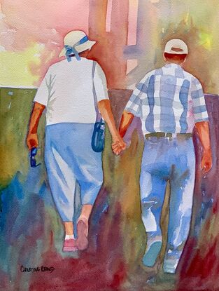 artwork which is the image of an elderly couple walking in the sunshine holding hands darby and joan style
