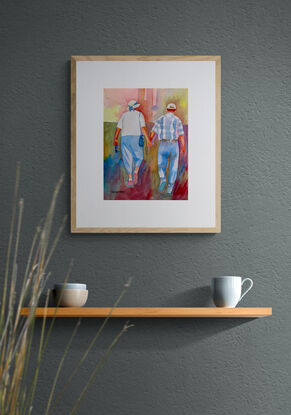 artwork which is the image of an elderly couple walking in the sunshine holding hands darby and joan style
