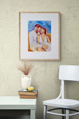 artwork which is the image of a young couple sitting together embracing and laughing lovingly with each other in the sunshine 