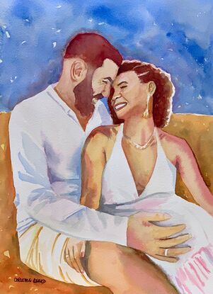 artwork which is the image of a young couple sitting together embracing and laughing lovingly with each other in the sunshine 