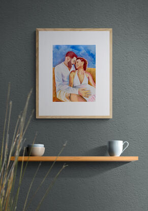 artwork which is the image of a young couple sitting together embracing and laughing lovingly with each other in the sunshine 