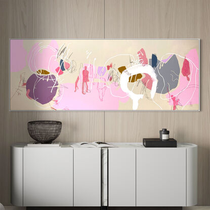 Extra Large pop/urban street art painting, white  line art image on warm ground with pops of blush and pink.