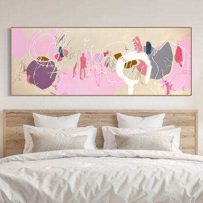 Extra Large pop/urban street art painting, white  line art image on warm ground with pops of blush and pink.