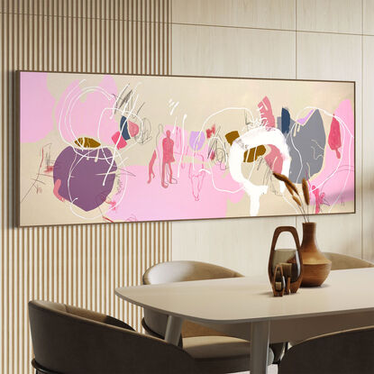 Extra Large pop/urban street art painting, white  line art image on warm ground with pops of blush and pink.