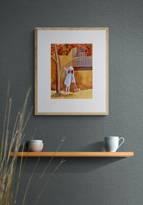 artwork which is the image of a young girl hanging thoughtfully by one hand off the low branch of a tree holding a wicker basket in her other hand