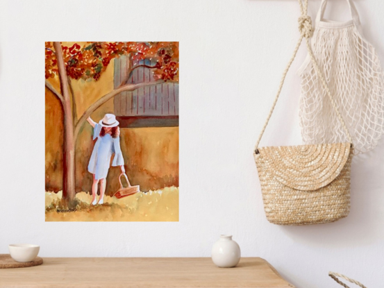 artwork which is the image of a young girl hanging thoughtfully by one hand off the low branch of a tree holding a wicker basket in her other hand