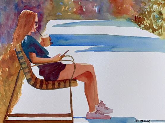 artwork which is the image of a young woman sitting sipping an iced coffee thoughtfully viewing her phone in her hand