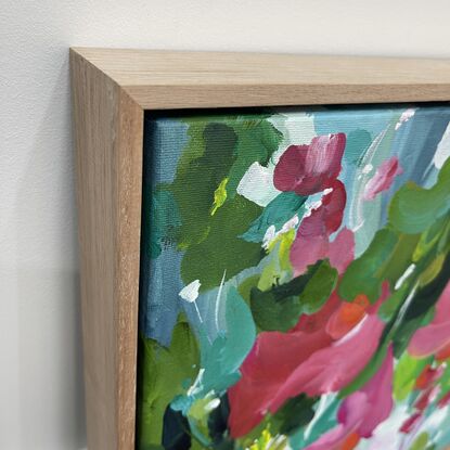 Framed abstract red and green flower garden original painting