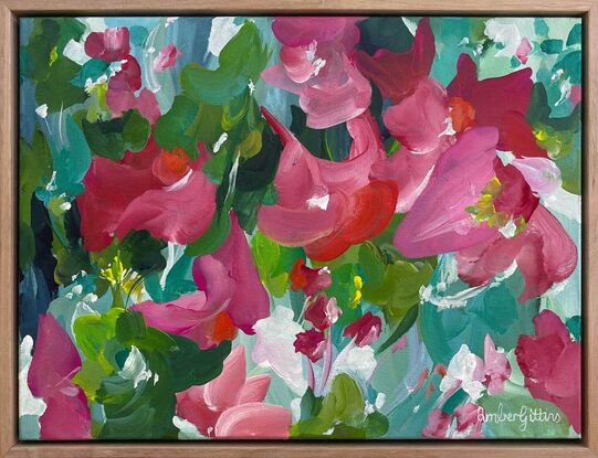 Framed abstract red and green flower garden original painting