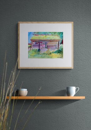  artwork which shows a log cabin with a grass roof
