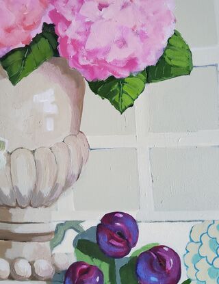 A Serene Still Life of 3 Pink Hydrangeas in a neutral toned terracotta Urn with 3 plums on patterned fabric.