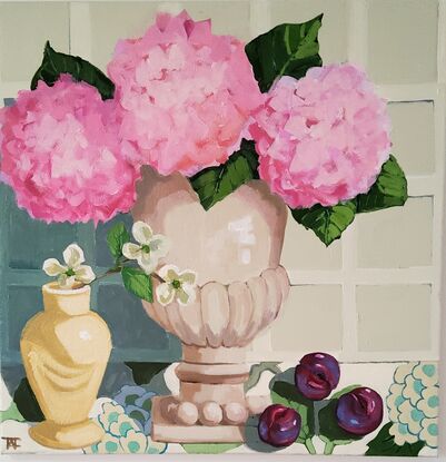 A Serene Still Life of 3 Pink Hydrangeas in a neutral toned terracotta Urn with 3 plums on patterned fabric.