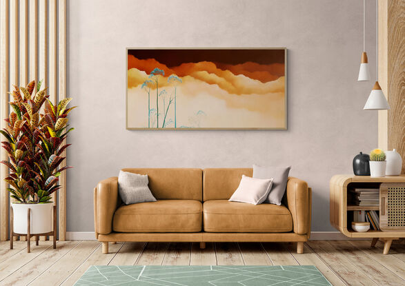 Oil painting, landscape, Australiana, ghost gum trees, large statement art, warm rich tones of yellows, oranges and dark browns in the sky, offset by aqua trees