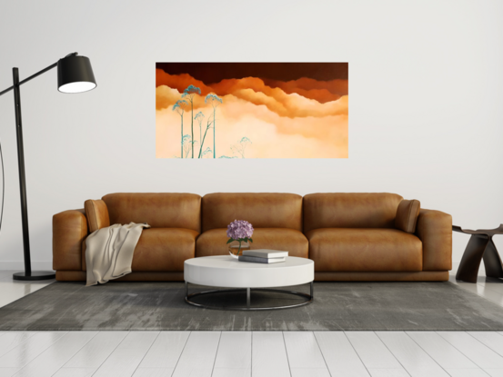 Oil painting, landscape, Australiana, ghost gum trees, large statement art, warm rich tones of yellows, oranges and dark browns in the sky, offset by aqua trees