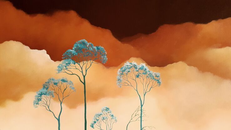 Oil painting, landscape, Australiana, ghost gum trees, large statement art, warm rich tones of yellows, oranges and dark browns in the sky, offset by aqua trees