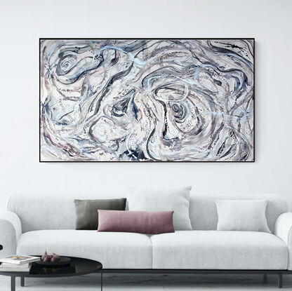 a large abstract seascape of rockpools and water in shades of beige, silver, gunmetal, silver leaf, pearl and white 