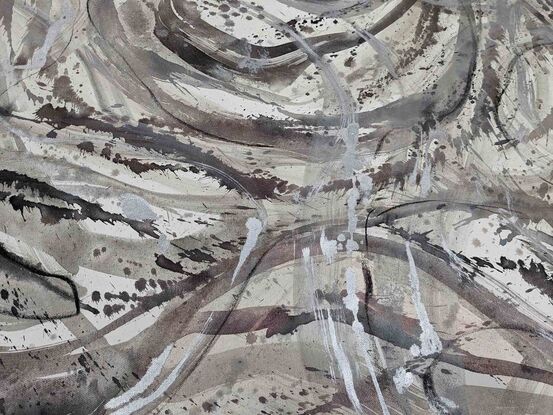 a large abstract seascape of rockpools and water in shades of beige, silver, gunmetal, silver leaf, pearl and white 