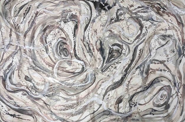 a large abstract seascape of rockpools and water in shades of beige, silver, gunmetal, silver leaf, pearl and white 