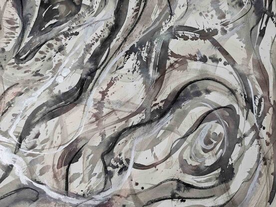 a large abstract seascape of rockpools and water in shades of beige, silver, gunmetal, silver leaf, pearl and white 