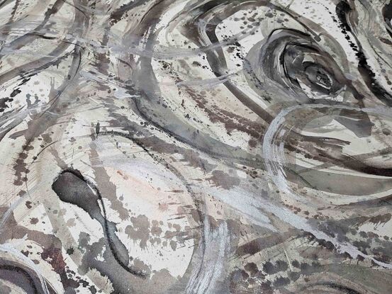 a large abstract seascape of rockpools and water in shades of beige, silver, gunmetal, silver leaf, pearl and white 