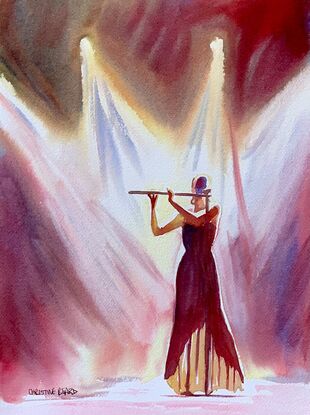 artwork which shows a flautist performing on stage back lit by spotlights
