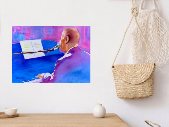 artwork which shows a pianist performing on stage lit by electric blue and pink lighting
