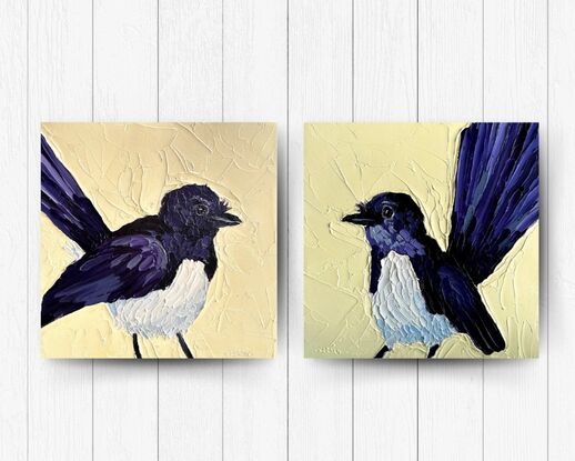 A cute little Willie Wagtail painted in textured oil paints.