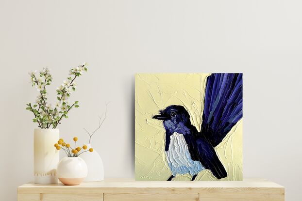 A cute little Willie Wagtail painted in textured oil paints.