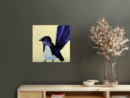 A cute little Willie Wagtail painted in textured oil paints.