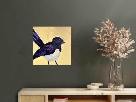 A cute little Willie Wagtail painted in textured oil paints.