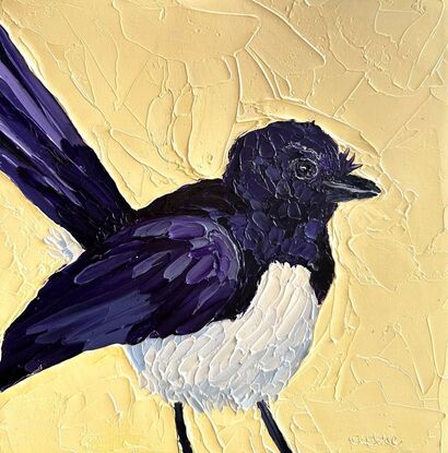 A cute little Willie Wagtail painted in textured oil paints.